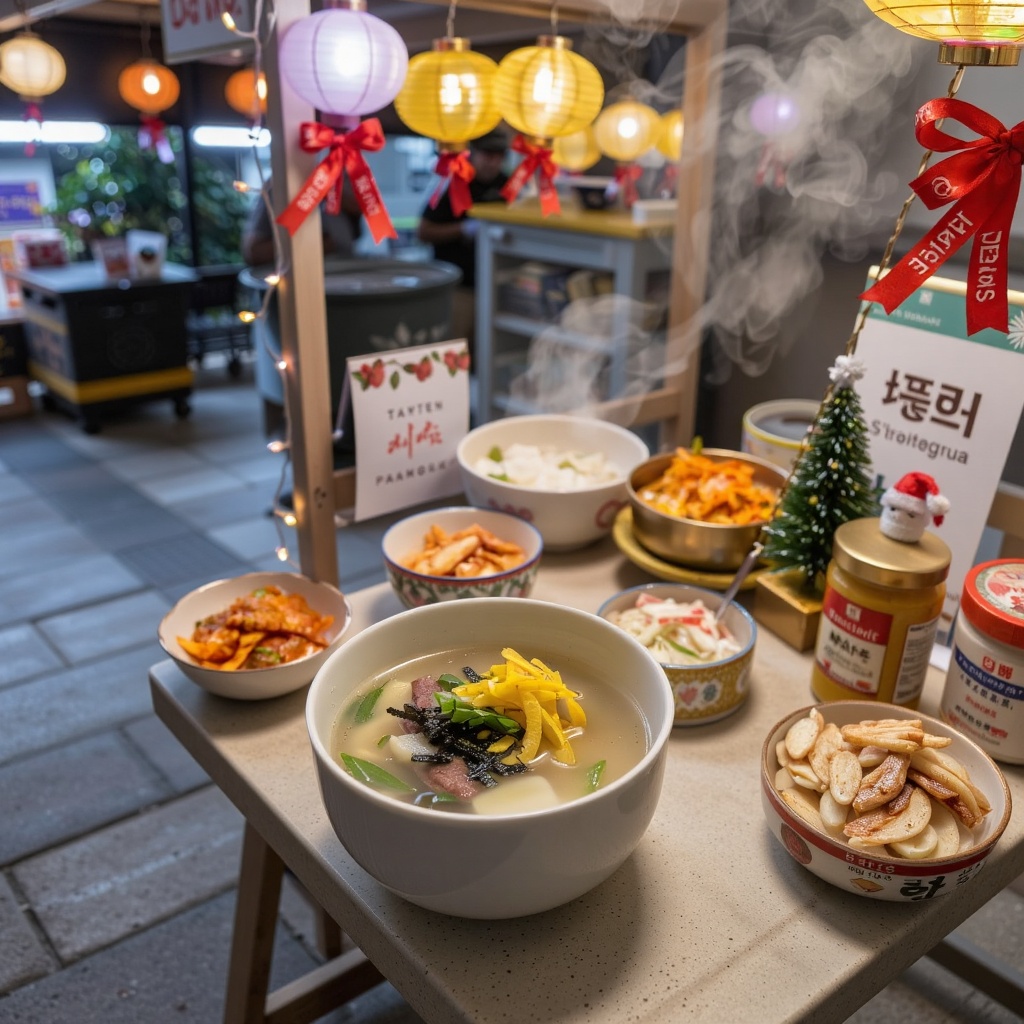 Photorealistic,  cinematic style,  horizontal angle. A Korean street food stall at night decorated for Christmas with glow...