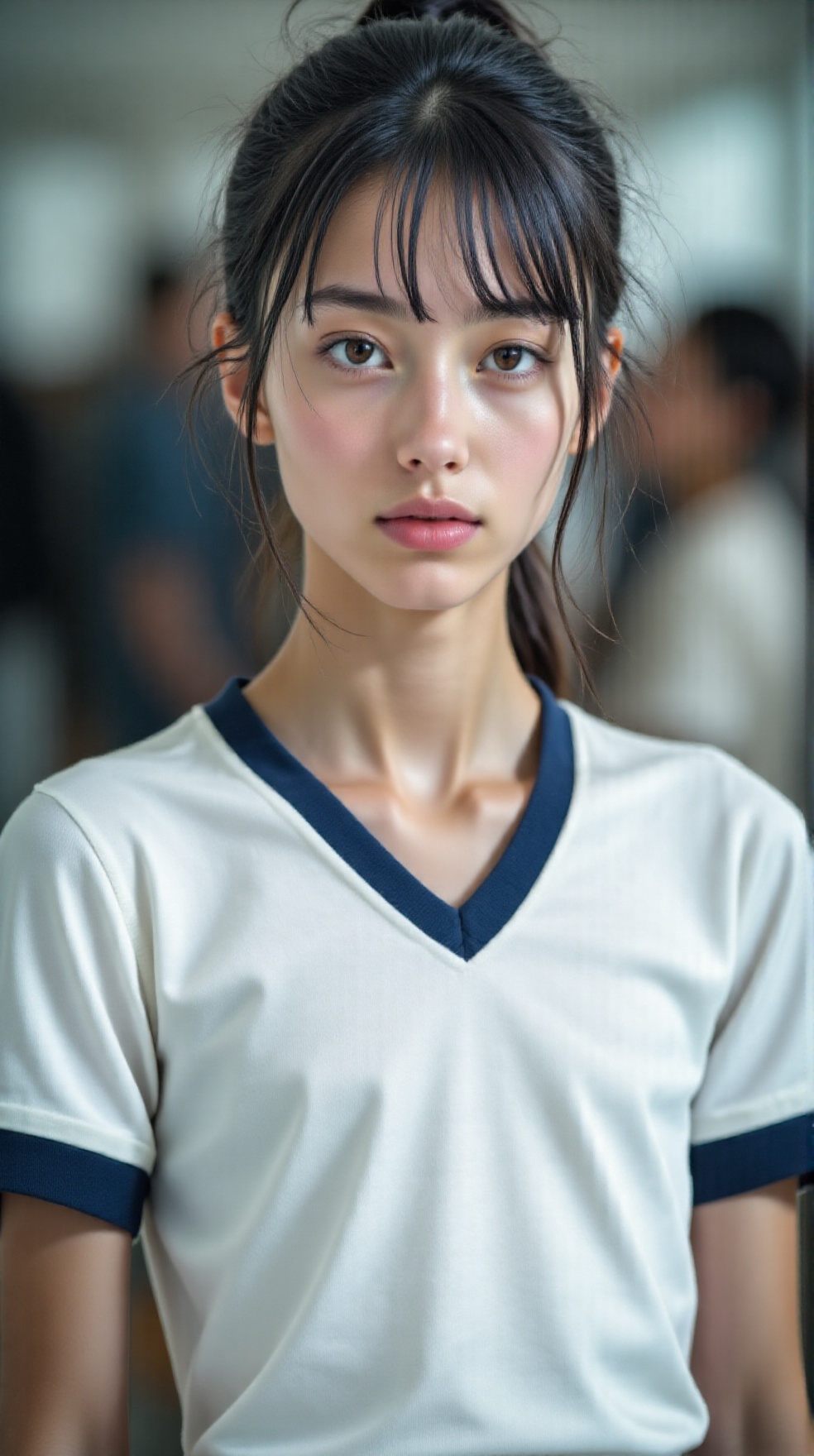 A very cute 20-year-old Japanese woman,  wearing a Japanese high school gym uniform for physical education classes,  a tig...