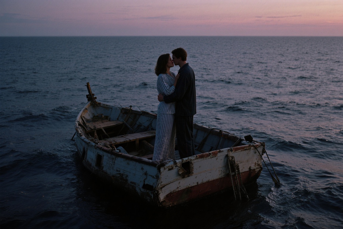 cinematic,  couple dacning on sinking makeshift boat,  wearing pajamas on Tensor.Art