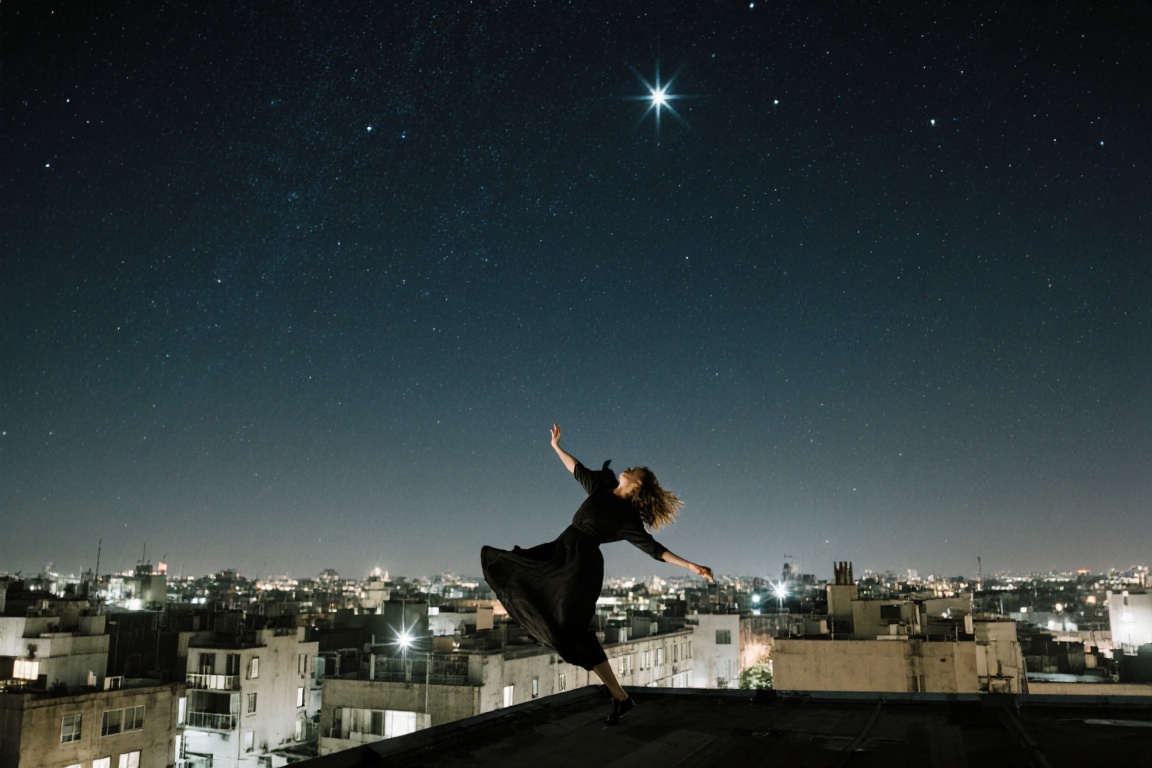 cinematic,  woman expressive dancing on rooftop,  realism on Tensor.Art