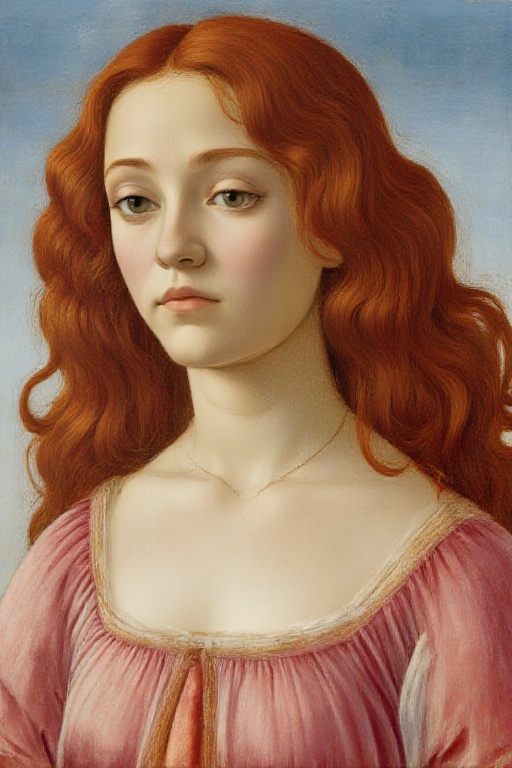 Create a portrait of a red-haired woman in the style of Sandro Botticelli,  featuring delicate lines and soft curves typic...