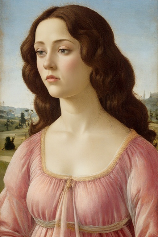 Create a portrait of a woman in the style of Sandro Botticelli,  featuring delicate lines and soft curves typical of his w...