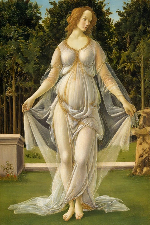 A woman poses in the garden. She is wearing a flowing white dress made of a sheer,  transparent fabric that drapes elegant...