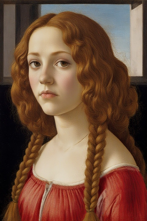 Create an image depicting a young woman with long,  wavy,  reddish-brown hair styled in intricate braids. She is wearing a...