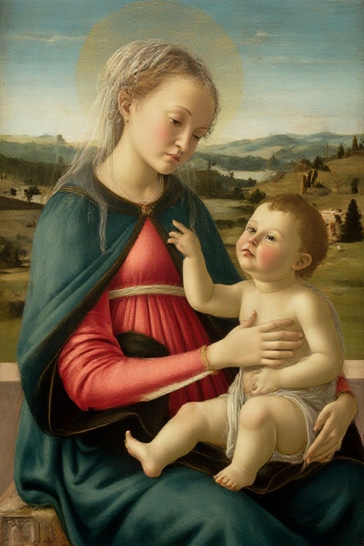Create a Madonna and Child painting in a serene,  Renaissance-style setting. The scene should exude warmth and tranquility...