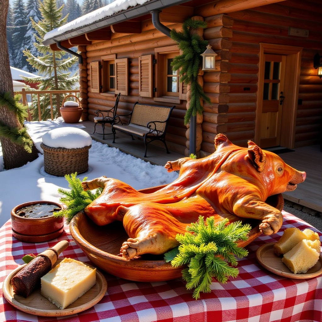 A cozy Spanish mountain cabin courtyard during Christmas morning,  snow lightly covering the roof and pine trees around. O...