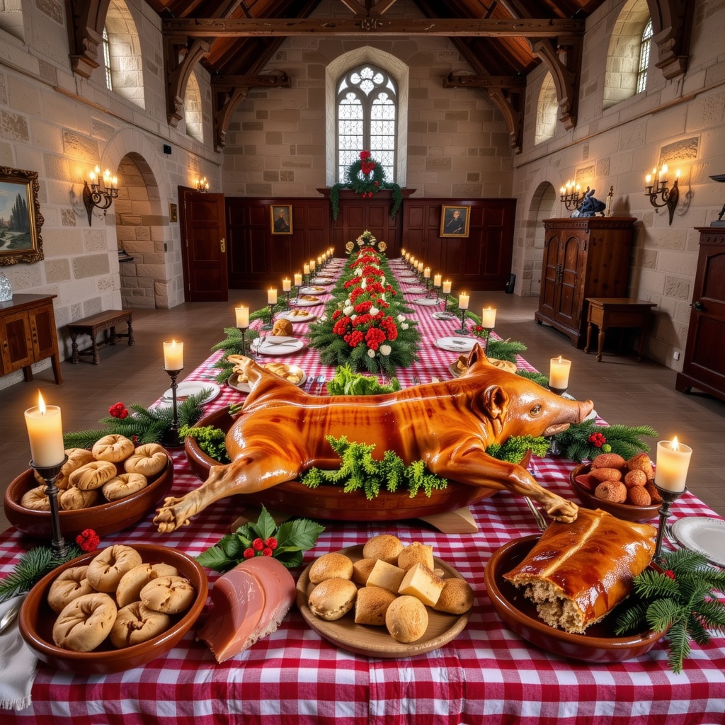 Inside a grand medieval Spanish castle hall during Christmas,  tall stone walls and arched windows create a majestic atmos...