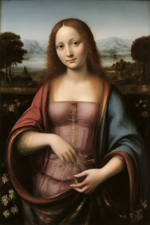 The image depicts a classical painting with a serene and ethereal atmosphere. The central figure is a woman with pale skin...