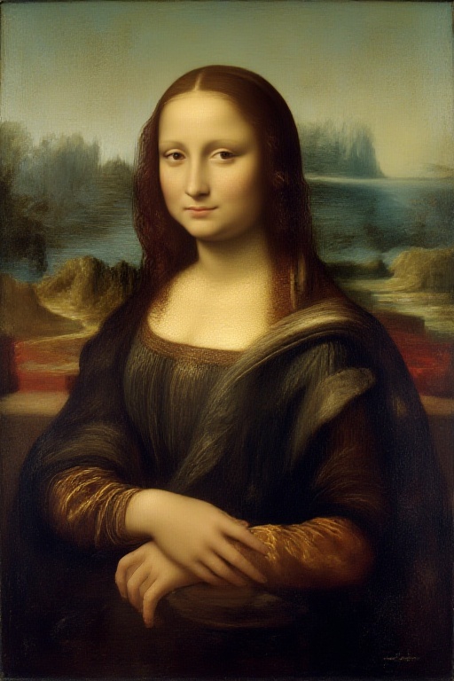 Create an image depicting a famous painting with a serene landscape in the background,  featuring majestic mountains and a...