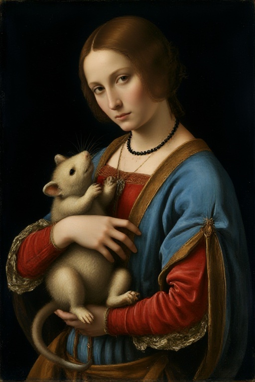 Create an image depicting a woman dressed in Renaissance attire,  holding a small,  light-colored creature resembling a ro...