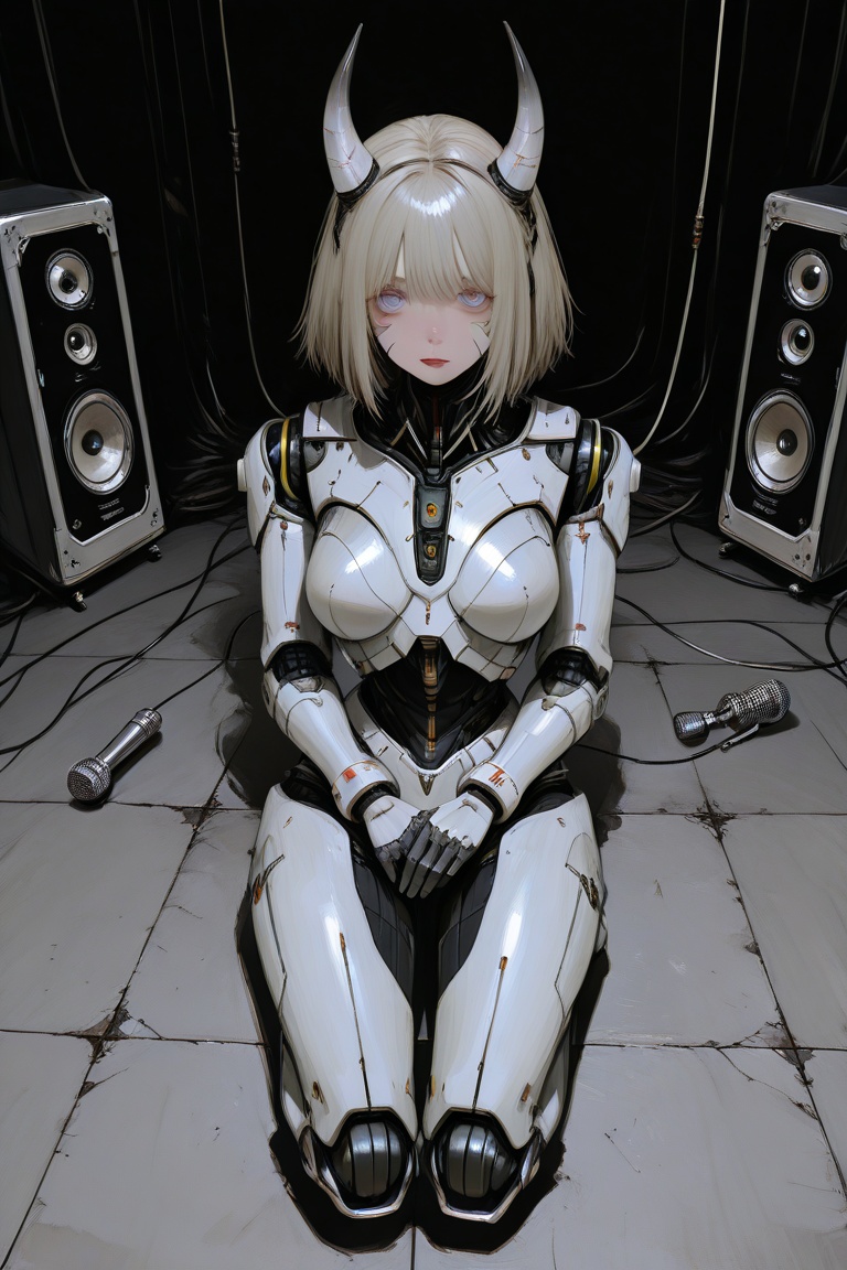 A touching illustration of a robot in a dark room working to create sound effects for video,  he is surrounded by foley ob...
