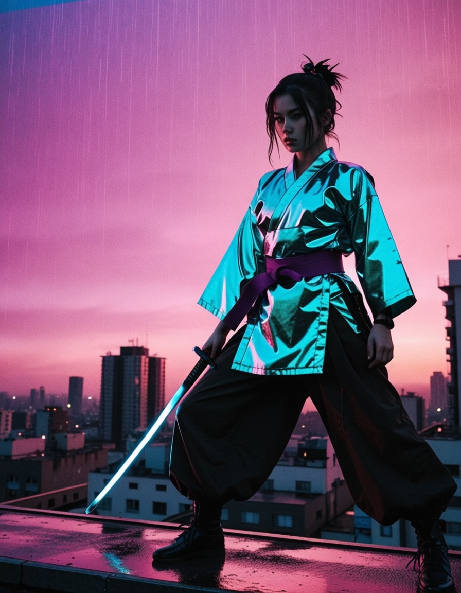 girl,  20 years old,  samurai with a katana in defense stance on Tensor.Art