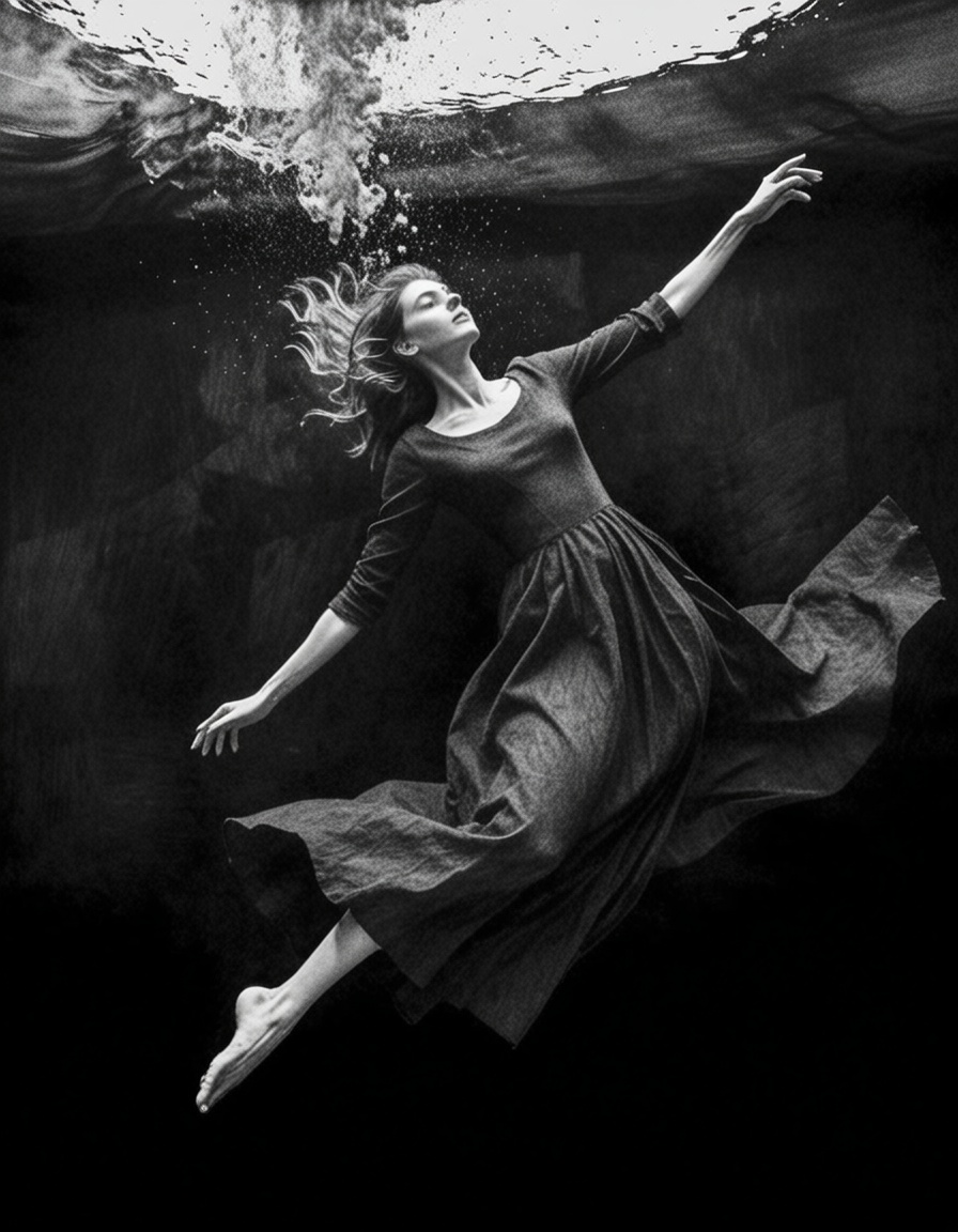 ehcharcoal4,  woman floating underwater in a long dress on Tensor.Art