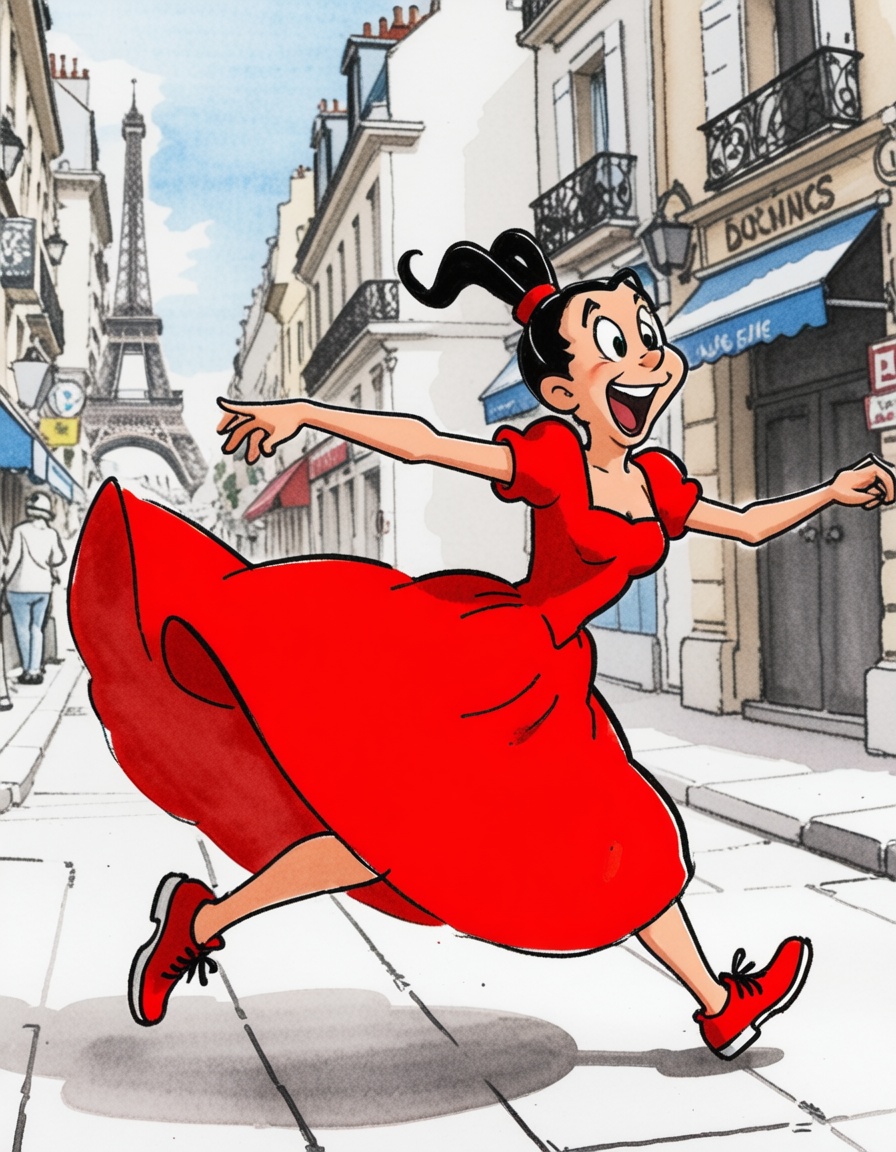 ehcartoon2,  woman in red dress dancing in streets of paris on Tensor.Art