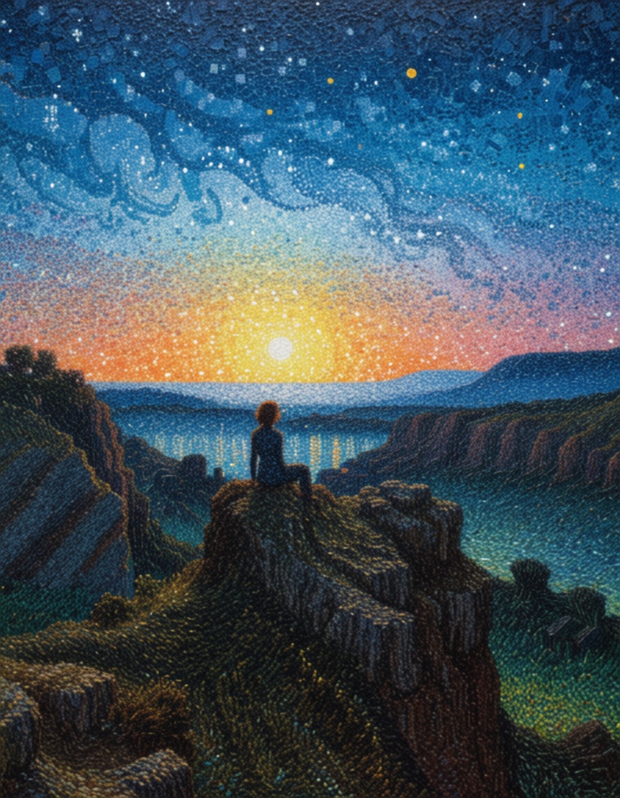 ehpointillism3,  girl on the cliff looking the starry night on Tensor.Art