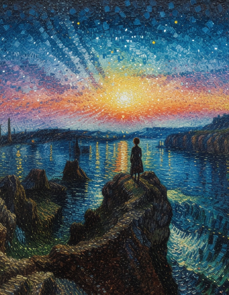 ehpointillism3,  girl on the cliff looking the starry night on Tensor.Art