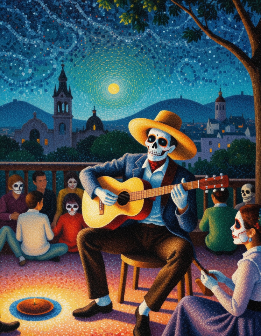 ehpointillism,  man playing the guitar in the dia de los muertos party,  mexico on Tensor.Art