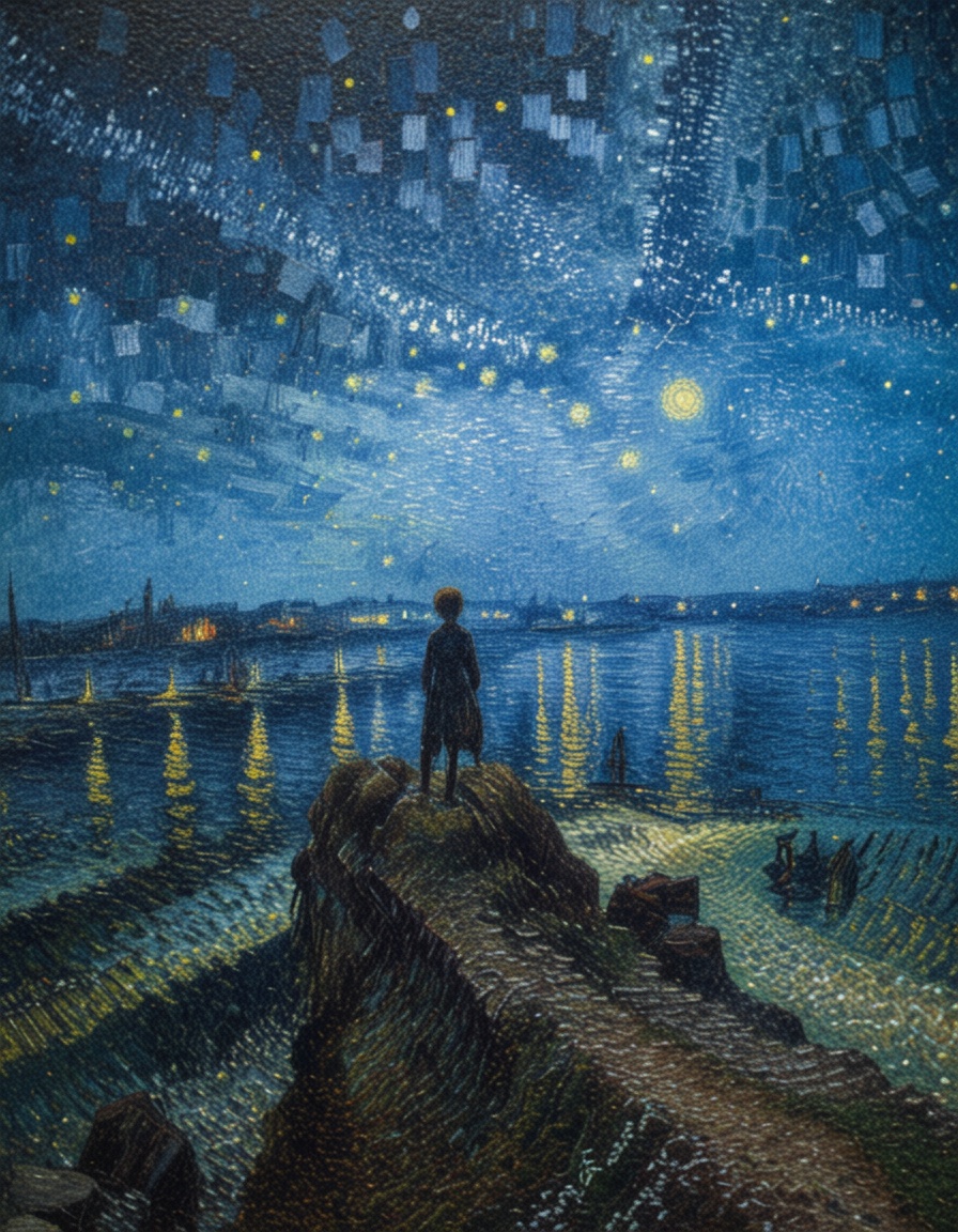 ehpointillism3,  girl on the cliff looking the starry night on Tensor.Art