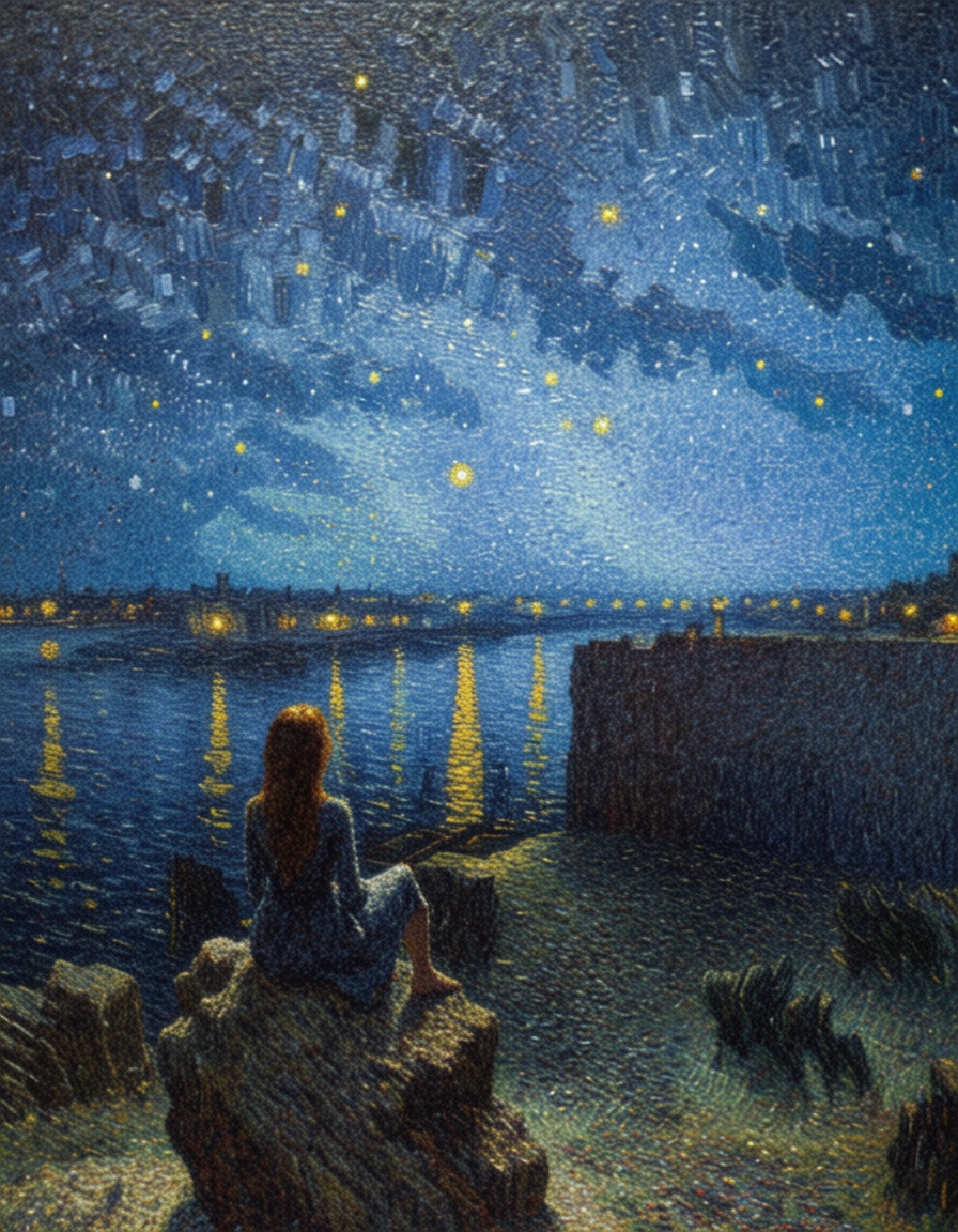 ehpointillism3,  girl on the cliff looking the starry night on Tensor.Art