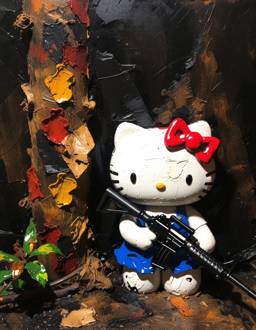 ehpainting,  hello kitty with a machinegun in the middle of the jungle on Tensor.Art