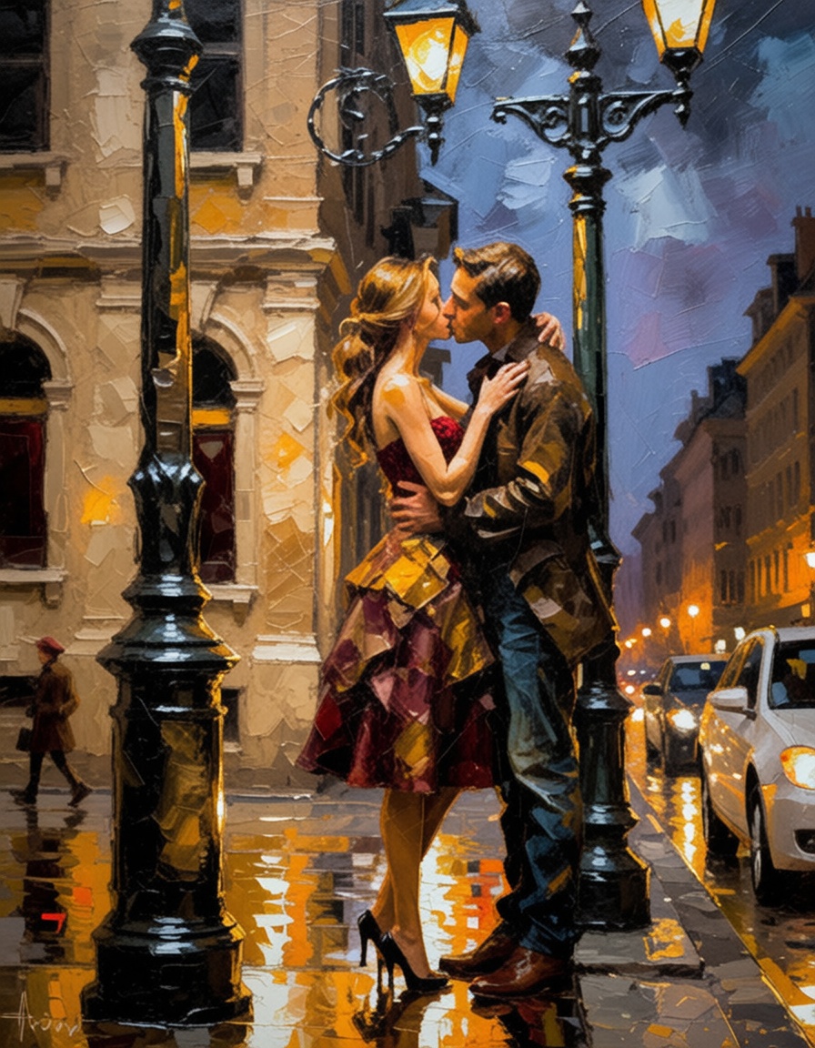 ehpainting,  a couple kissing under a lampost,  urban scene on Tensor.Art