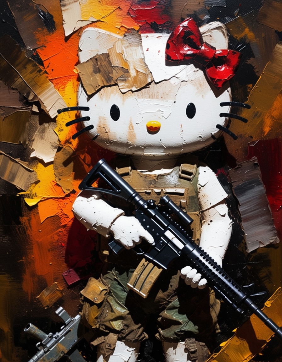ehpainting,  hello kitty with a machinegun in the middle of the jungle on Tensor.Art