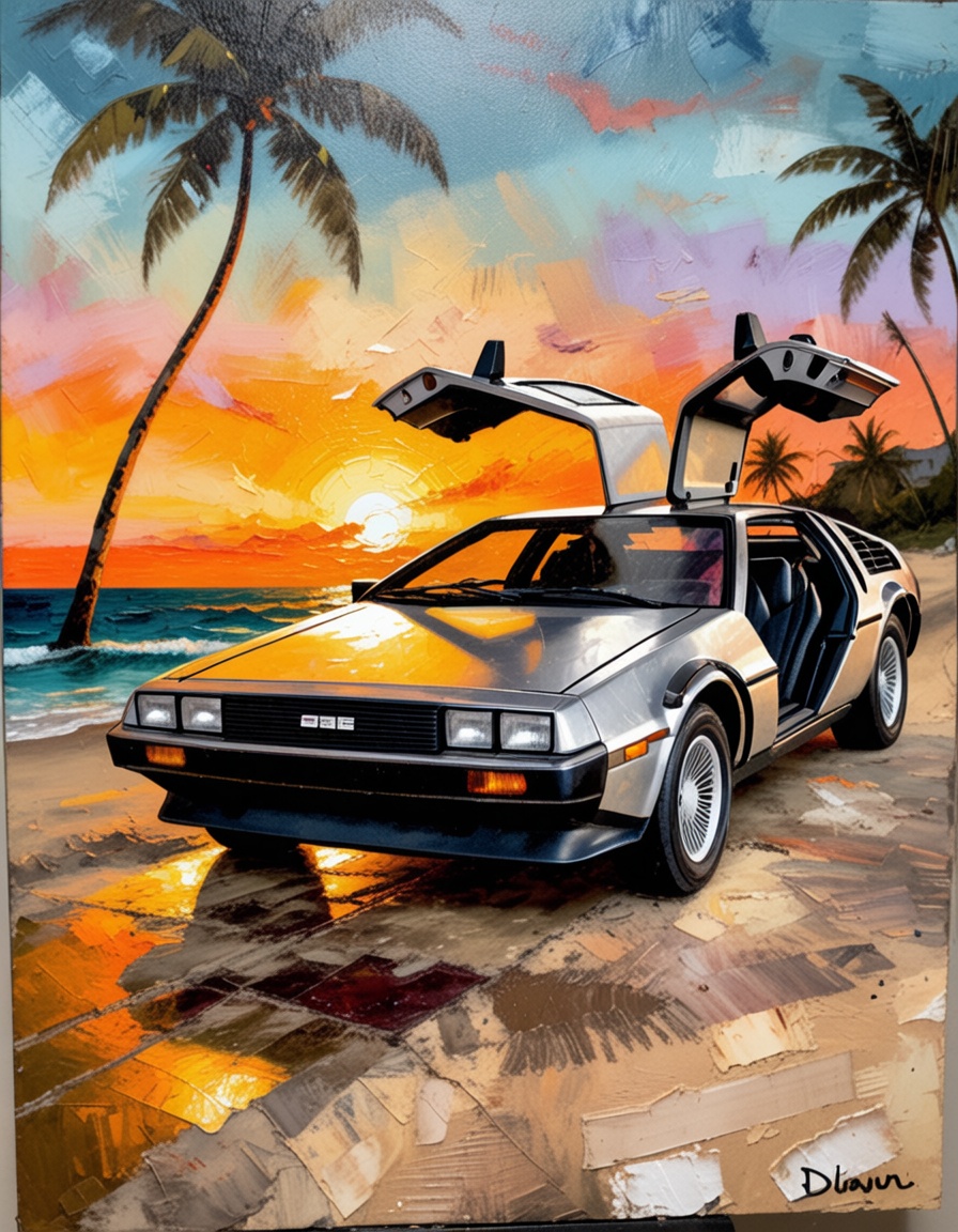 ehpainting,  delorean car,  sunset on Tensor.Art