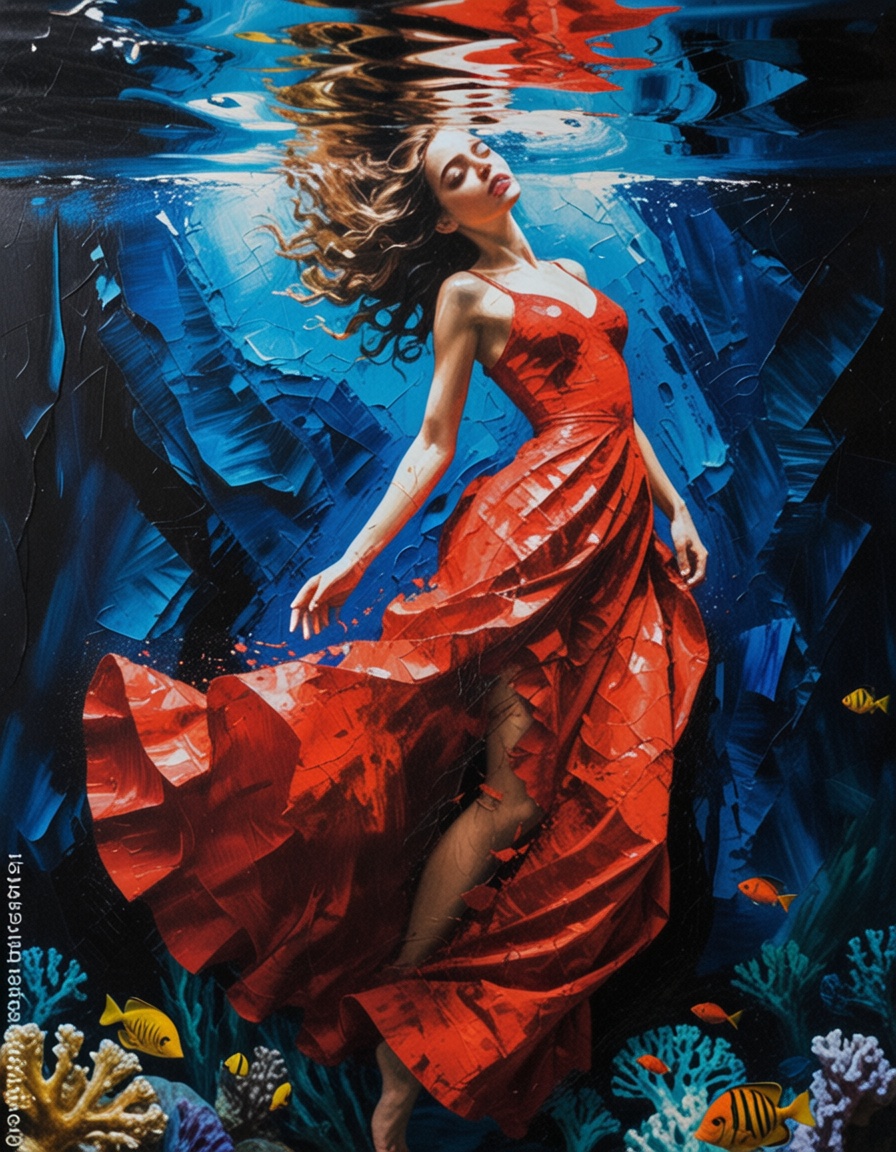 ehpainting,  1girl with red dress floating under the water,  coral reef on Tensor.Art