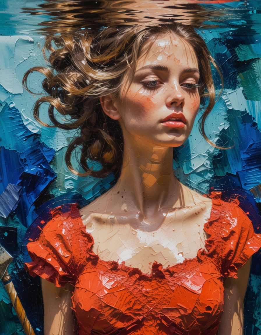 ehpainting,  1girl with red dress floating under the water,  coral reef on Tensor.Art