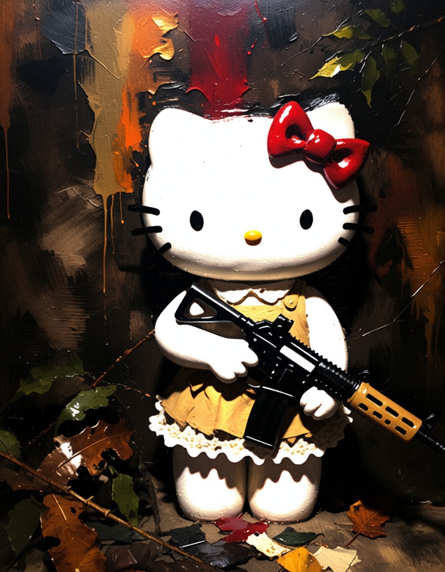 ehpainting,  hello kitty with a machinegun in the middle of the jungle on Tensor.Art