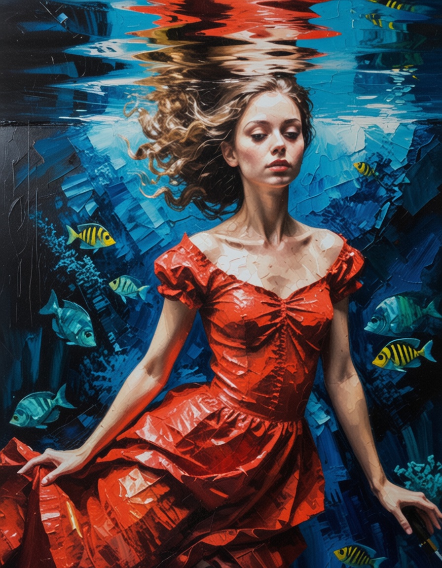 ehpainting,  1girl with red dress floating under the water,  coral reef on Tensor.Art