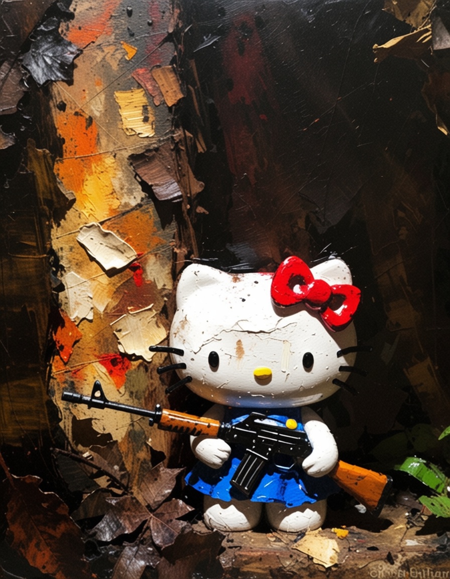 ehpainting,  hello kitty with a machinegun in the middle of the jungle on Tensor.Art