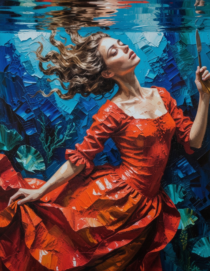 ehpainting,  1girl with red dress floating under the water,  coral reef on Tensor.Art