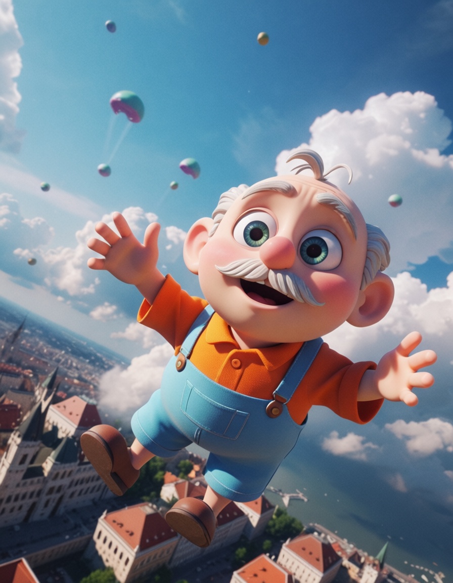 ehpixar,  old man floating in the sky,  over the city of budapest on Tensor.Art