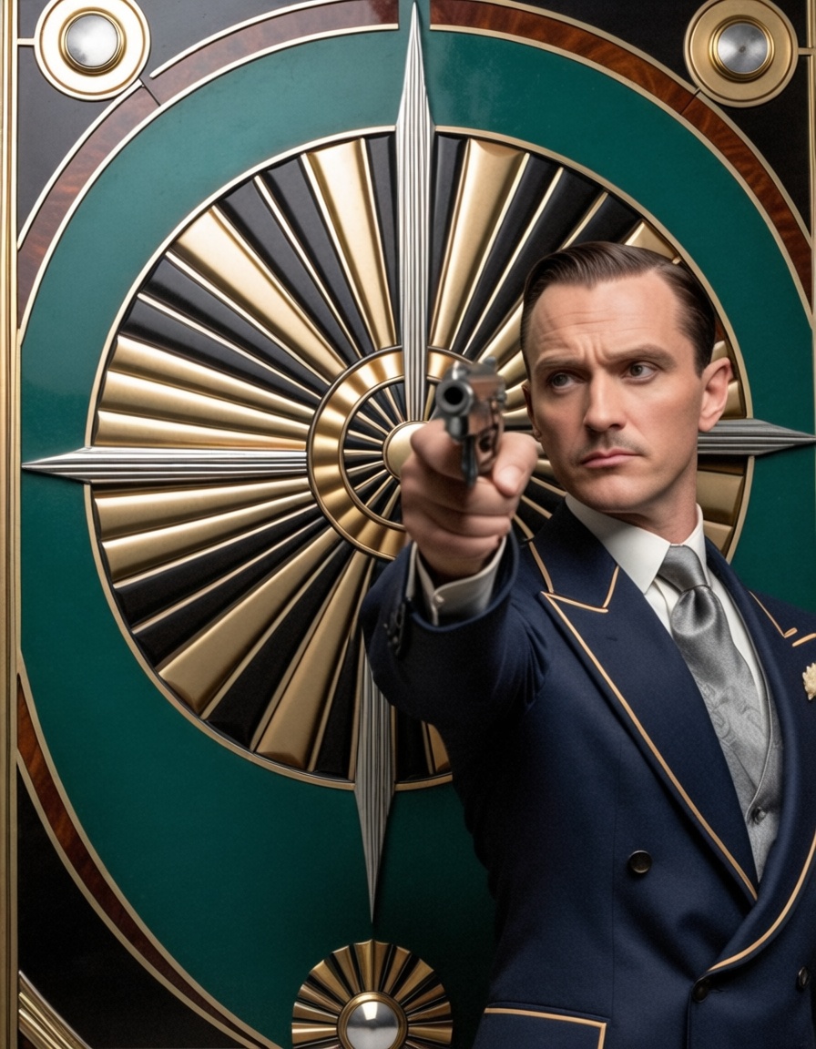 ehartdeco,  a man pointing a gun at the observer,  displeased on Tensor.Art