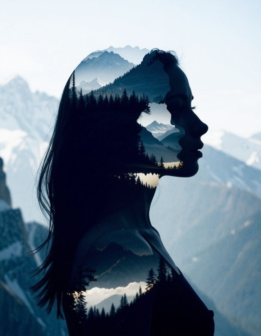ehdoublexposure,  woman and mountains, on Tensor.Art