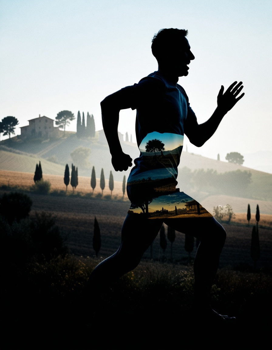 ehdoublexposure,  1man running,  making signs with the hands on Tensor.Art
