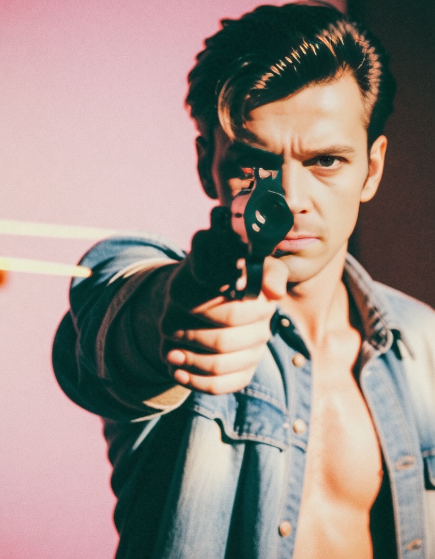 man pointing a gun at camera,  hero action eh80retrofilms on Tensor.Art