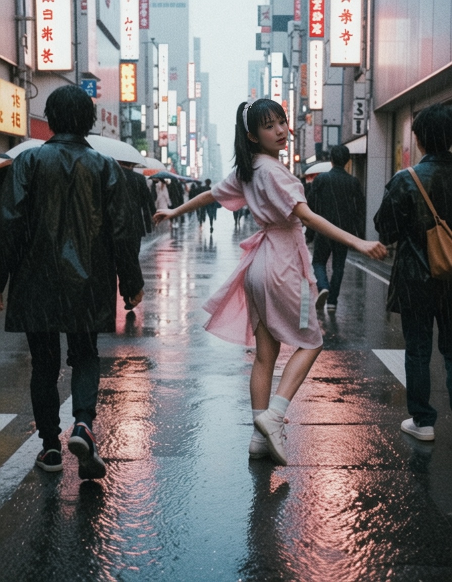 a girl dancing in shinjuku streets under the rain with a dress outfit eh80retrofilms on Tensor.Art