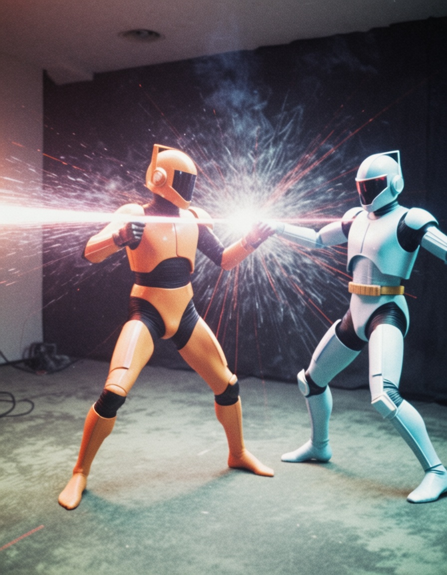 space opera,  man with a sable laser fighting an android eh80retrofilms on Tensor.Art
