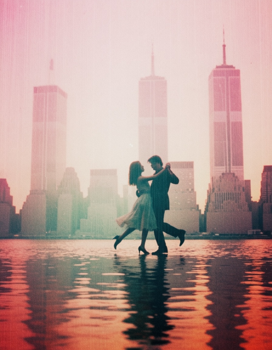 eh80retrofilms,  a couple dancing floating over new york,  twin towers on Tensor.Art