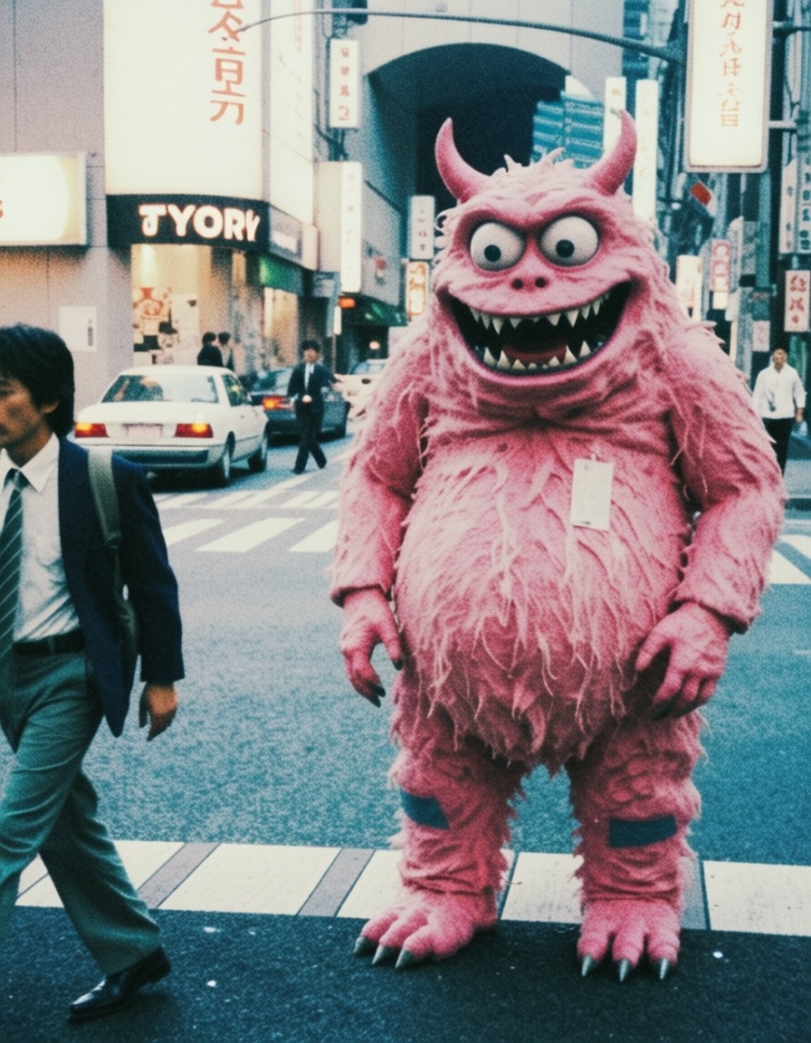 a monster in the streets of tokyo asking for directions to the bystanders eh80retrofilms on Tensor.Art