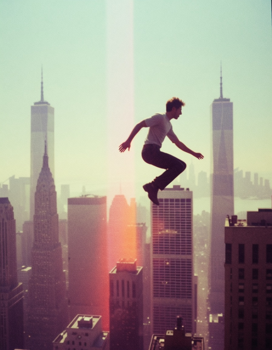 eh80retrofilms,  man levitating over new york,  twin towers on Tensor.Art