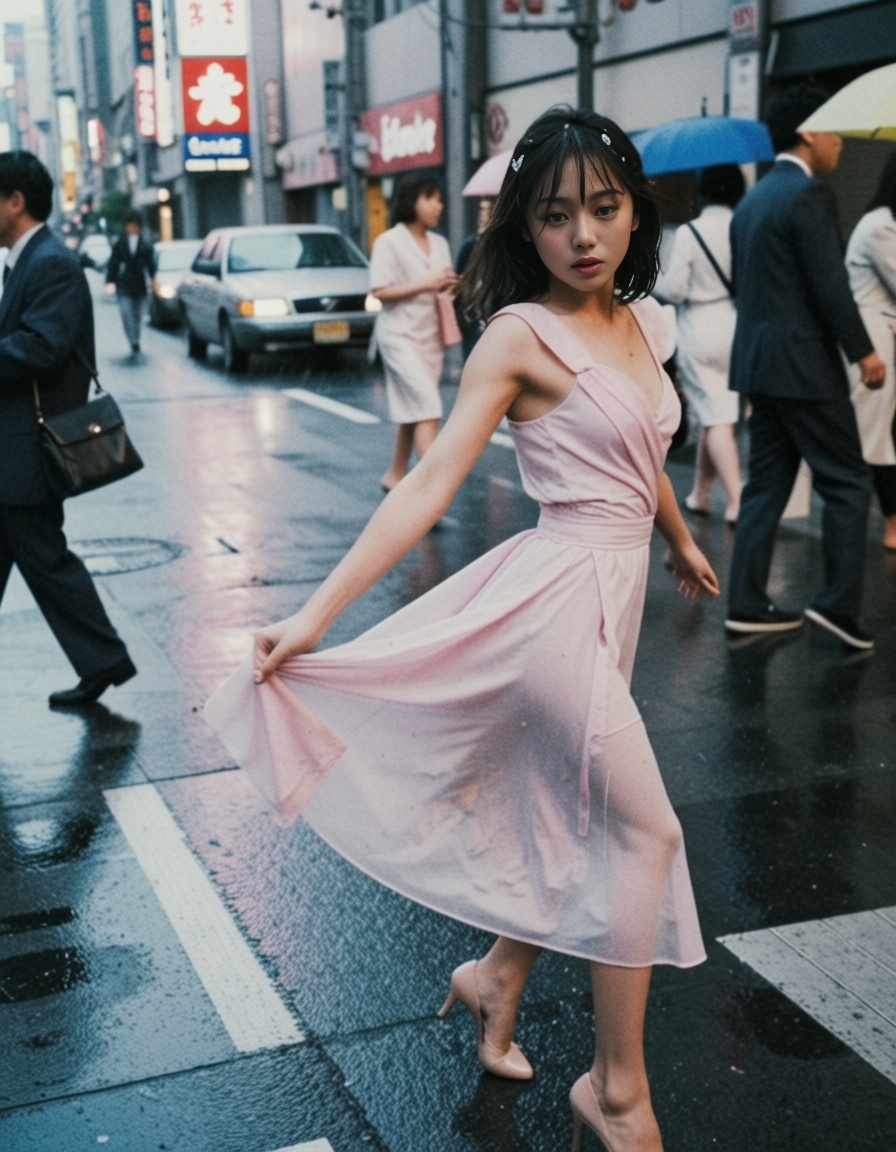 a girl dancing in shinjuku streets under the rain with a dress outfit eh80retrofilms on Tensor.Art