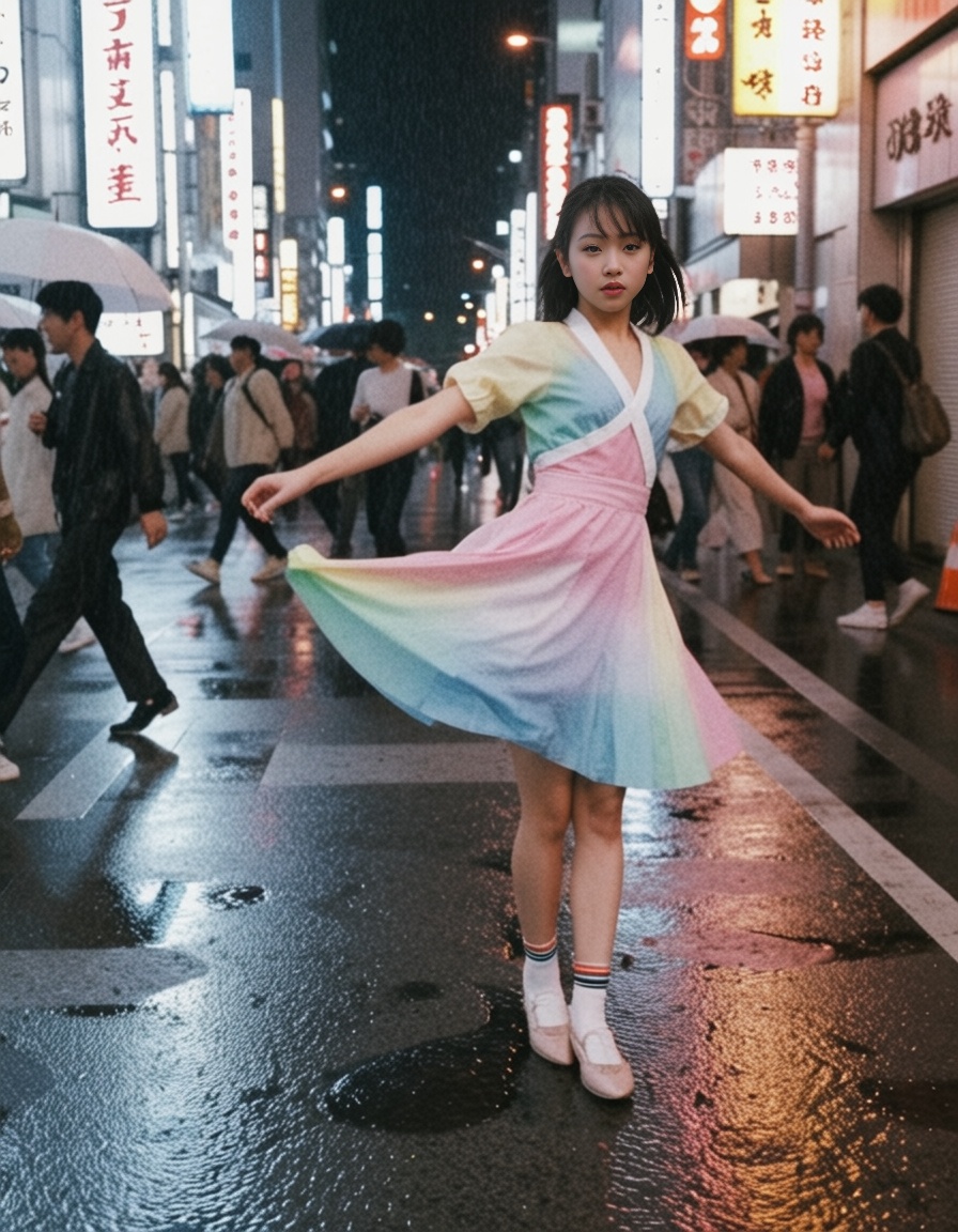 a girl dancing in shinjuku streets under the rain with a dress outfit eh80retrofilms on Tensor.Art