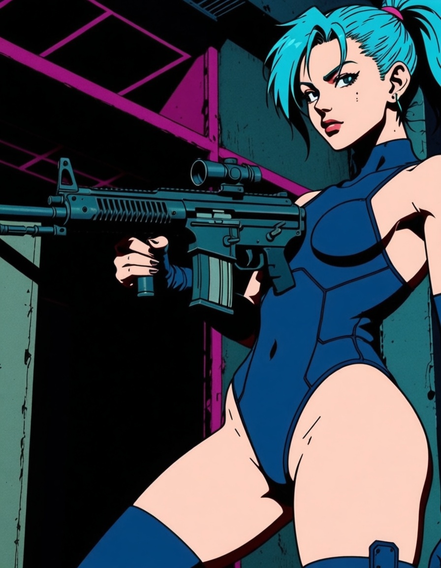 ehanime80,  woman in a bodysuit with a machine gun,  cyberpunk on Tensor.Art