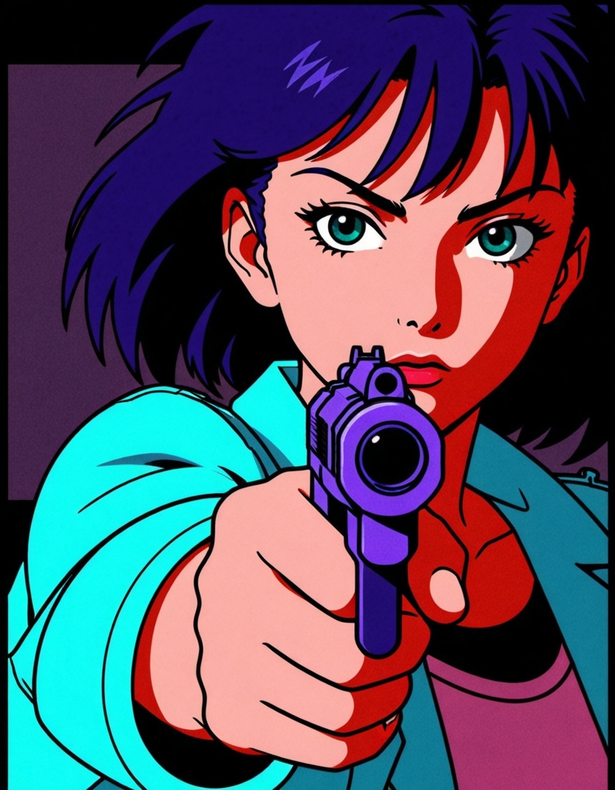 ehanime80,  girl pointing a gun to the camera on Tensor.Art