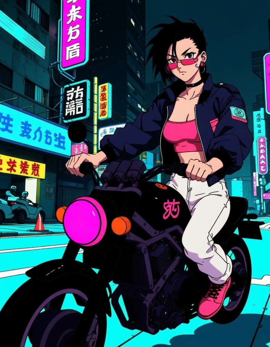 ehanime80,  woman riding a motorbike,  cyberpunk on Tensor.Art