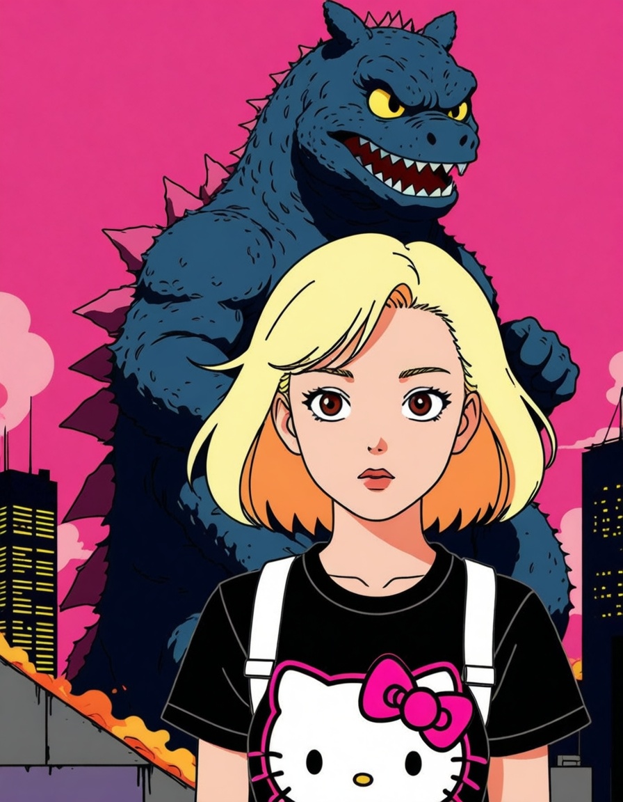 ehanime80,  girl blonde with pink hello kitty t-shirt,  godzilla in the background on Tensor.Art
