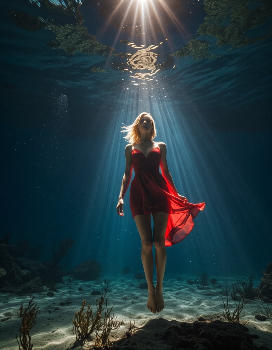 ehcinematic,  a blonde woman with a red dress diving underwater,  floating horizontelly underwater on Tensor.Art